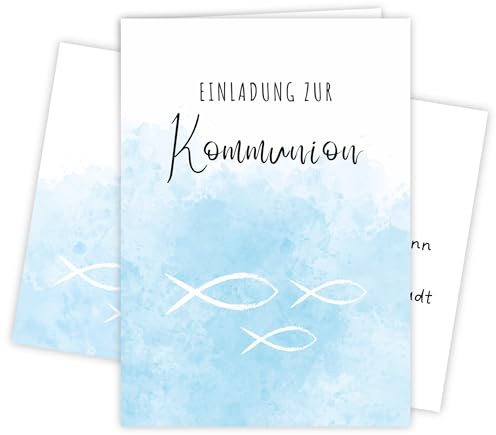 møij 12x Einladungskarten zur Kommunion Blau | inkl. passender Umschläge, DIN A6 Klappkarten, stabiler Karton, zum Ausfüllen