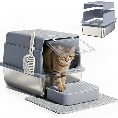 Kattsandbricka i rostfritt stål med flip-lock, XXL bifogad stor metall kattlåda med skopa, steg och dubbla lager sandmatta, hög sidig läckagesäker husdjurtoalett, grå