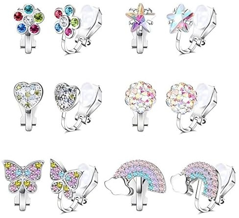 6 paia di orecchini a clip per ragazze, orecchini a clip ipoallergenici per ragazze, orecchini a clip per bambini, senza fori, orecchini a clip per bambini a forma di cuore, farfalla, stella, fiori