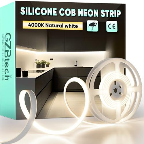 GZBtech AC 230V COB LED Streifen 1M, Silikon Neutralweiss 4000K Wasserdicht 286LEDs/M Dimmbar Outdoor Neon Lichtleiste LED Strip Light für Schlafzimmer, Wand, Küche, Wohnzimmer,CE-zertifiziert