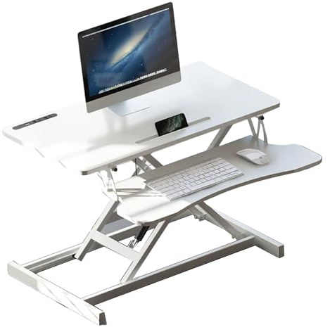 Convertidor de escritorio de pie de altura ajustable con bandeja para teclado, interfaz USB plegable para laptop, estación de trabajo ergonómica para oficina en casa y trabajo remoto