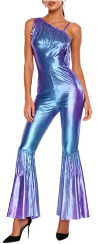 Freebily Damen Disco Outfit 70er 80er Jahre Glitzer Pailletten Quasten Jumpsuit Mit Schlag Karneval Party Hippie Tanzoverall