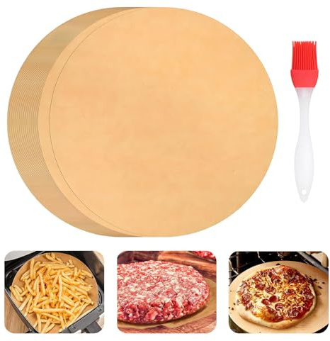 100 stycken 32 cm bakpapper runt med silikonbakborste, non-stick-bakplåtspapper, värmebeständigt bakplåtspapper, fetttätt grillpapper för stekpanna, ugn, mikrovågsugn (brun)