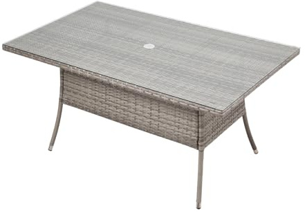 Warmiehomy Rattan Garden Table 120x80cm Outdoor Dining Table with Parasol Hole Tempered Glass Tabletop Wicker Patio Tables Grey Outdoor Side Tables