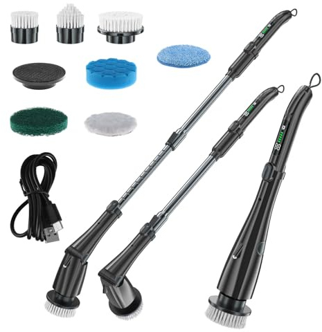 Autolaveuse électrique portative sans fil 7,4 V avec 7 têtes de brosse interchangeables, batterie 4 000 mAh, 3 réglages de vitesse 300 à 500 tr/min, poignée télescopique et 4 (Noire)