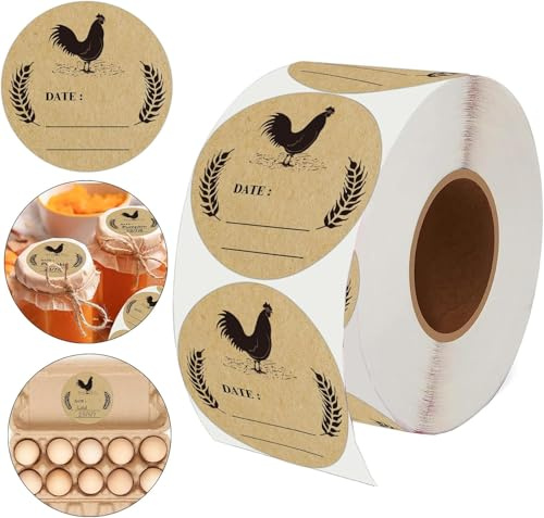 500pcs Farm Chicken Egg Labels Chicken Canning Sticker 2 inch Round Brown Kraft Washed Egg Carton Labels for Kitchen Mason Jar, Farmer, Crafts, Organizing, Quail, Packaging