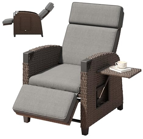 Amopatio Relaxliege Liegesessel, Rattan Sonnenliege mit Verstellbar Rückenlehne und Klapptisch, Outdoor Gartensessel wetterfestes, für Terrasse, Garten, Balkon – Grau Sitzkissen & Dunkelbraun Rattan