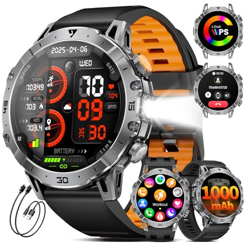 LIGE Smartwatch Uomo con 1000mAh/Torcia LED,Chiamata Bluetooth,1.7 Smart Watch Militare con 110+ Modalità Sportive,Impermeabile,Frequenza Cardiaca, Android iOS,3 Braccialetti+2 Caricabatterie,EF18-E