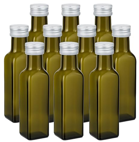 gouveo 10er Set Glasflasche 250 ml (0,25 l) Glasflasche 250 ml Maraska eckig dunkelgrün mit Schraubverschluss PP 31,5 silberfarben, leere Flaschen zum Befüllen für Likör Öl Essig Sirup (MFEA250S)