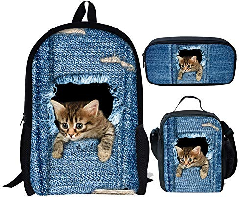 Chaqlin 3D Druck Nette Katze Rucksack Mädchen Campus Buch Taschen Mittagessen Tasche 3 stücke