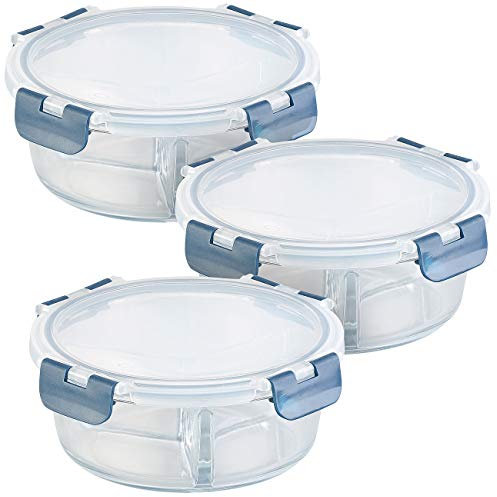 Rosenstein & Söhne Microwellen Geschirr: 3er-Set Glas-Frischhaltedosen, 3 Kammern, Klick-Deckel, -20 bis 520°C (Frischhaltedosen mit Trennwand, Mikrowellenteller Glas mit Deckel, Vorratsdosen aus)