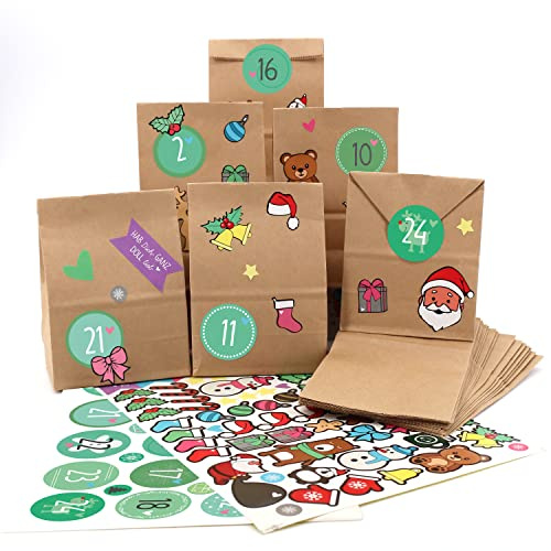 OWLBOOK® Adventskalender zum Befüllen | Adventskalender 2025 Tüten | Weihnachtskalender zum befüllen | 24 Papiertüten mit Aufkleber | Geschenktüten zu Weihnachten
