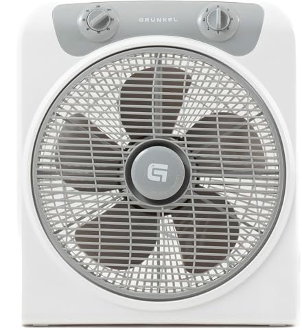 Grunkel - Ventilador de suelo potente y ligero - BOX FAN - Circulador de aire con temporizador de 60 minutos y 3 velocidades. Aspas 30cm de diámetro, función oscilación. - 50W (Blanco)