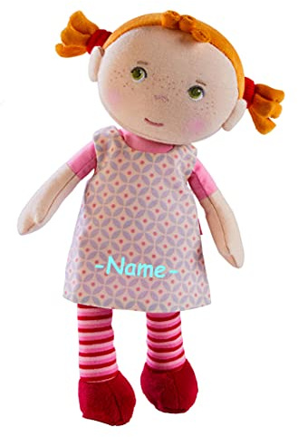 Haba Kuschelpuppe individuell Bestickt mit Name | Kleine Puppe mit Stoffkörper ca. 25 cm | Babypuppe ab 1 Jahr für Jungs und Mädchen | Haba Puppe waschbar & anziehbar | Geschenk für Geburt