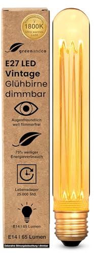 greenandco dimmbare Vintage Design LED Birne zur Stimmungsbeleuchtung | E27 T30 | gold | 2,3W 65lm | 1800K extra warmweiß | 320° | 230V | flimmerfrei | Edison Glühbirne