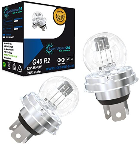 LIGHTWORLD24 2 x Lampadine Bilux 12V 45/40W P45t R2 G40 Halogena per Moto, Scooter, Auto – Faro Anteriore, Lampada alogena