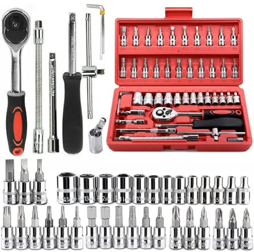 YWHWLX 46 Pieces 1/4 in. Drive Ratchet Socket Wrench Set with Quick-Release Ratchet,Includes Metric Bit Sockets and Extension Bar for Car Repair and Home Maintenance