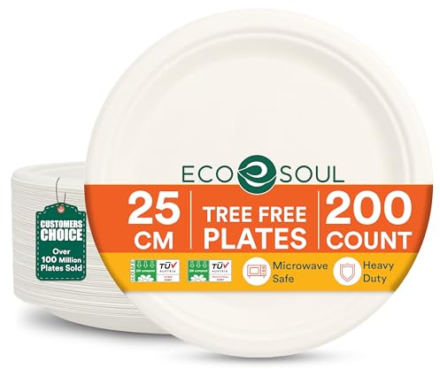 ECO SOUL Pappteller(25 cm) 10 Einwegteller, Weiß(200-Stück) | Nachhaltige Alternative, 100% kompostierbar, Extra stabildeal für den täglichen Gebrauch, Premium Qualität, 200er Pack