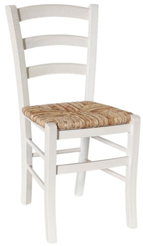 Esszimmerstuhl aus weißem venezianischem Holz mit Sitz aus Reisstroh