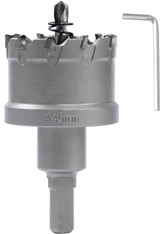 Lochsäge 45mm, TCT Hohl-Bohrkrone Set, Hartmetall-Lochsäge mit Zentrierbohrer Lochbohrer, für Edelstahl Blech Metall Aluminiumlegierung, mit Sechskantschlüssel, Silber