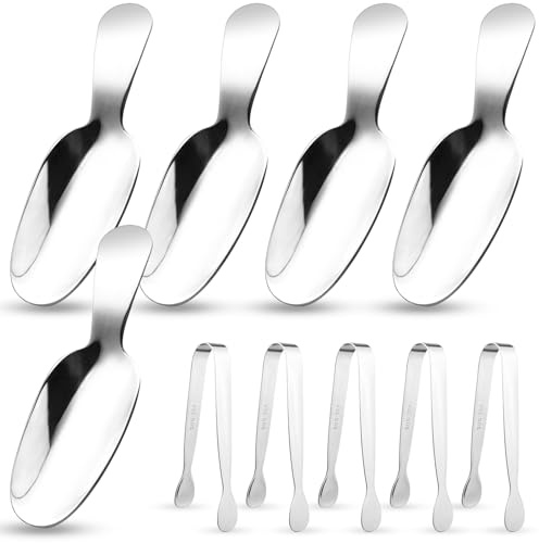 GZkushi 5 Stk Scoops Kurzer Griff Esslöffel, Edelstahl Messlöffel Teelöffel mit 5 Stk Eiswürfelzange, Spoons Salzlöffel Mini für Espresso, Kaffeebohne, Loser Tee,Salz und Zucker, Desserts