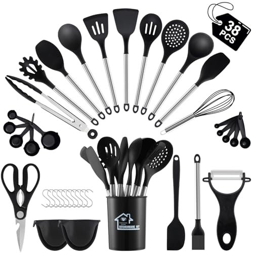38 Pieces Kitchen Utensils Set, BEWOS Silicone Cooking Utensils Set with Spatula, Utensil Holder and Measuring Spoons, Nonstick Heat Resistant, Black Kitchen Gadgets, Stainless Steel Handle