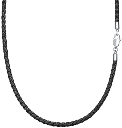 Viwind Lederkette Geflochten Kunstleder Halskette Edelstahl Verschluss 3mm breit Damen Herren Kette für Anhänger charm 45-60cm wählbar DIY Lederschnur (45cm, Schwarz-4mm)