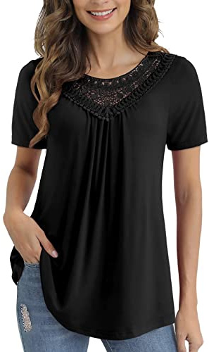 Damen Spitzen Oberteile Elegant T-Shirt Sommer Bluse Kurzarm Tunika Top Oversize Shirt Plissiert Blusenshirt Longshirt Lässige Lockere Einfarbiges Spitzentop Blusen Tuniken für Frauen
