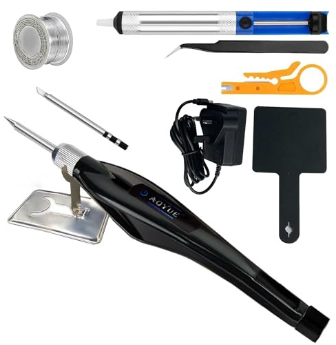 AOYUE Mini T-12 Active Soldering Iron Kit Adjustable Temperature 350-480°C LED Electric Welding Tool with Solder Sucker, Solder Wire, Tweezers, Soldering Iron Stand，De-Soldering Pump
