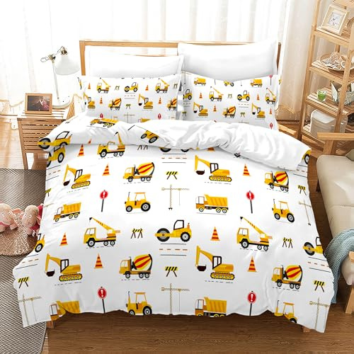 Ropa de Cama Infantil de 135 x 200 cm, diseño de Excavadora, Tractor y Coches, diseño de Dibujos Animados en 3D, Juego de Ropa de Cama para niños y niñas con Funda de Almohada (A-2, 135 x 200 cm)