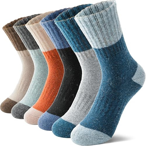 MOSEY KOSY 6 Pairs Kids Merino Wool Walking Hiking Socks Boys Girls Toddlers Winter Thermal Thick Warm Cushion Crew Boot Socks(ColorBlocked,12-15 Years)