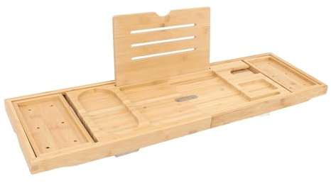 Wakects Bath Tray, Phyllostachys Pubescens Foldable Bathtub Caddy Tray Extendable Bath Board Over Bathtub Rack with Slanted Slots for Tablet Book Wine Glasses Towel