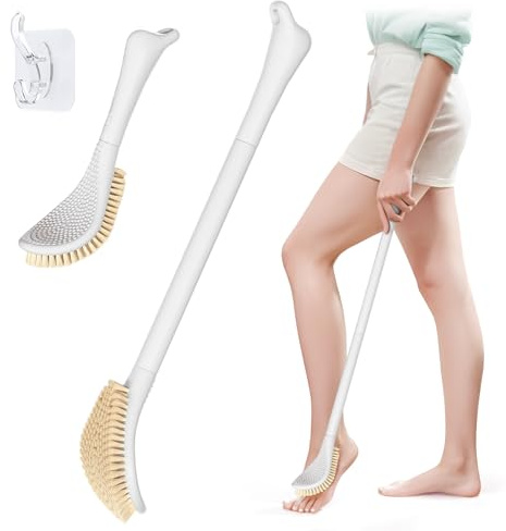 GEENOA New Foot Brush with Adjustable Long Handle, 3-in-1 Foot Scrubber for Wet or Dry Brushing, 10.2’’- 27.5’’ Foot Scrub Brush for Senior, Pregnant, Disabled, or Injured, Gift-Box Packed(White)