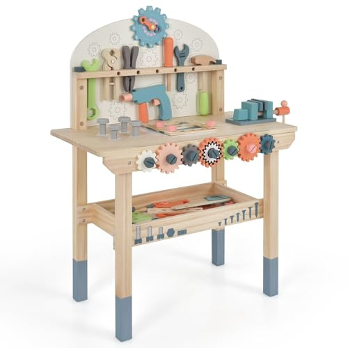 FANTASK Werkzeugbank für Kinder, Spielwerkbank Holz mit magnetischem Gestell, Ablageregal & Zubehör, Werkstatt Werkbank mit Werkzeugen Set Montessori für Kinder ab 3 Jahren