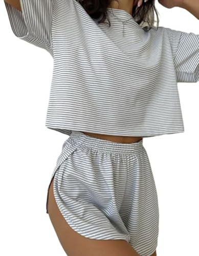 Ensemble de pyjama court fendu, ensemble deux pièces avec imprimé rayé et épaules tombantes, t-shirt enveloppant et short fendu, gris, S