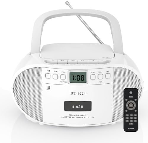 Portable Radio CD Tape Cassette Player, CD and Cassette Player Combo, 5.1V Bluetooth Speaker, USB Playback with Earphone Jack,Portable Boombox AM/FM Radio, with Remote Control, AC/Battery Powered