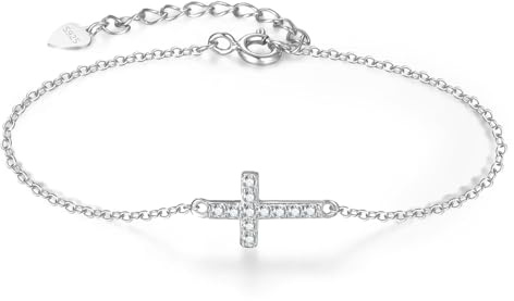 SILBERTALE 925 Sterling Silver Cross Bracelet for Women Dainty Faith Bracelets Religious Adjustable Cubic Zirconia Bracelets Confirmation Gifts