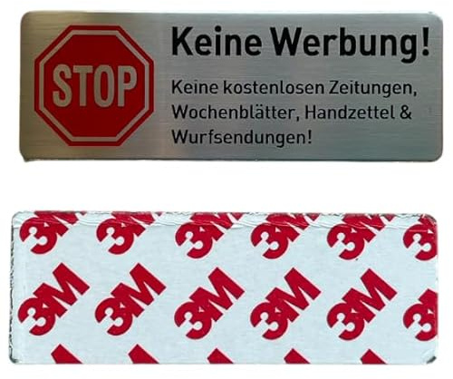 Edelstahl-Türschild 'Keine Werbung', Stop-Symbol, Briefkastenschild, Selbstklebend 85x30 mm (2 Stücke / 2 pcs)