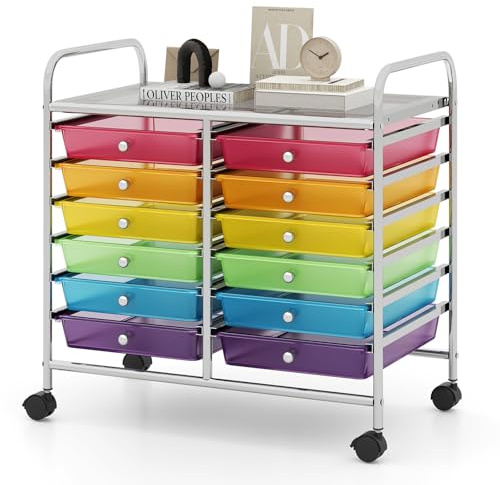 TANGZON 12 Drawers Storage Cart, Rolling Utility Cart with Lockable Wheels, Multipurpose Mobile Trolley Organizer for Home Office Stationery Beauty Salon (Rainbow, 63 x 37 x 63cm)