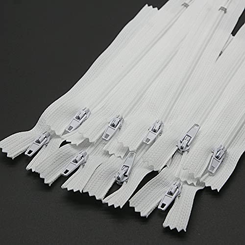 SHUNLI Lot de 30 pièces Fermetures Éclair en Nylon N°3 - Blanc, 25 cm (10 pouces) - Curseur Autobloquant en Métal - Pour Vêtements, fermetures éclair à coudre