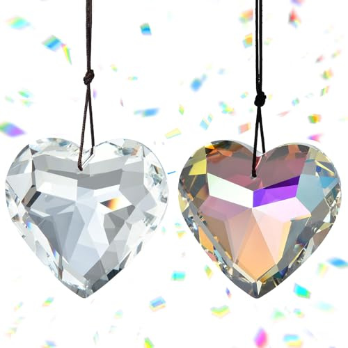 2 stück Kristalle Herz Sonnenfänger,Kristalle Deko Anhänger Transparent Bunte Herz Prismen Anhänger Exquisit Kristall Regenbogen Fensterkristall für Zuhause Büro Garten Dekoration