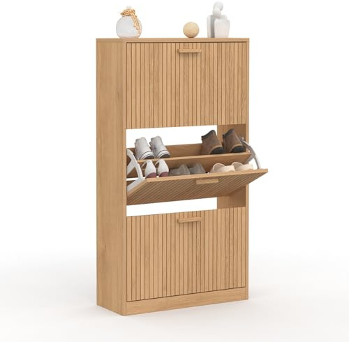 IDMarket - Mueble para zapatos (18 pares, 3 puertas, listones de madera, color roble