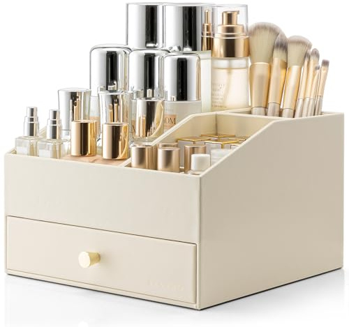 Vlando Makeup Organiser, Faux Leather Cosmetic Organiser with Drawer, Dressing Table Organiser for Lipstick, Jewellery & Skincare Storage, Cream White