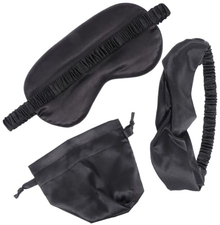 Mikikit Set Masque Sommeil Imitation Soie Avec Bandeau Cheveux Et Pochette Masque Occultant Confortable Pour Détente Voyages Et Repos Ensemble Pratique De Oculaire Noir