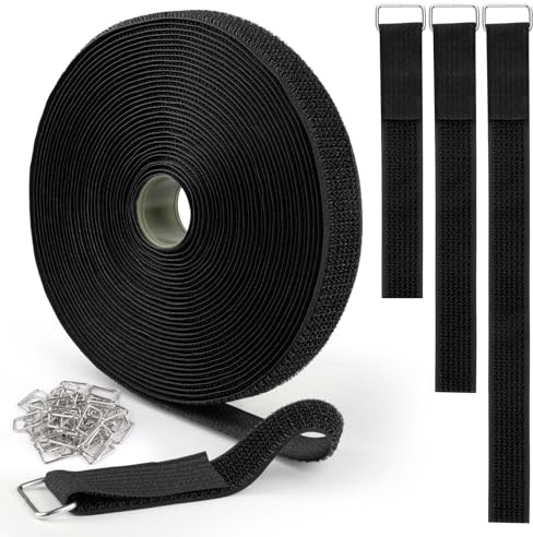 Opvixi Hook and Loop Straps 1inch x 32ft with 50 Metal Buckles, Cut to Length Cinch Straps Heavy Duty, Adjustable Fastening Cable Straps, Reusable Nylon Securing Cord Ties for Organizer, Black