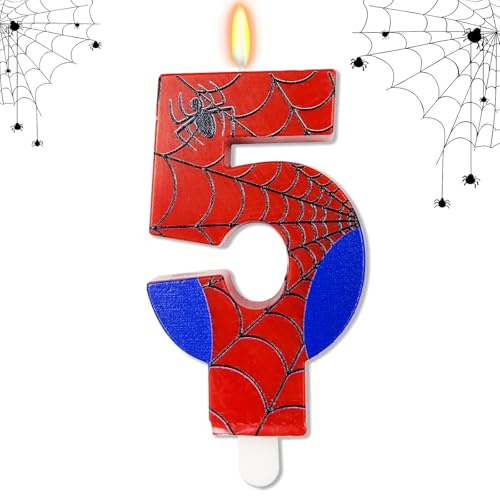 ParPix Spinnenmotiv Kerze 5 Geburtstag Junge Mädchen, Rot Blau Geburtstagskerzen Zahlen 5, Spinnen Kerze Geburtstagsdeko 5 Jahre, Spinne Thema Zahlenkerze 5, Spinnennetz Kerzen Geburtstag 5 Zahlen