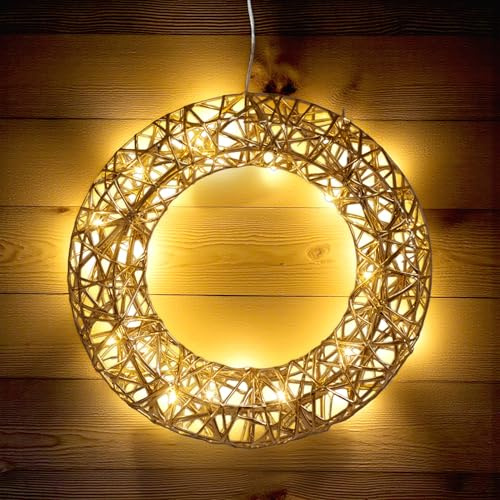 Leuchtring 30 cm mit Goldband umwickelt warm weiß mit Timer - 20 LED - Weihnachts Dekoleuchte zum Hängen Batterie betrieben - Weihnachten Stimmungslicht Advent Deko Ring beleuchtet