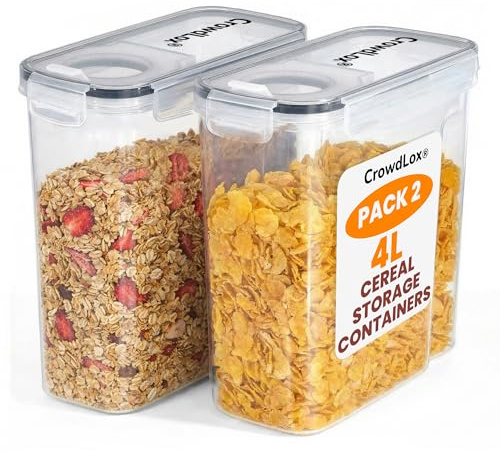 CrowdLox Cereal Storage Containers 4L Food Grade and BPA Free Sets with Lids and Labels Kitchen Storage & Organisation Food Containers Large Kitchen Organiser for Cornflakes (Pack of 2)