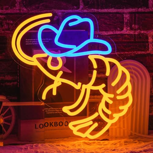 LMSIGNLY Cowboy Garnelen Neon Schild für Wand Deko Garnelen Neon Licht Wandkunst Shrimp LED Schild Bar LED Schilder für Meeresfrüchte Restaurants Kitchen Pub Geschäft Mann Höhle