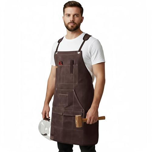Sneulletoys Welding Tools Apron for Men,Heavy Duty Waxed Canvas Workshop Apron for Carpenters,Woodworking with Multi-Functional Pockets,Adjustable Gardening Cross Back Apron for M-XXL (coffee)